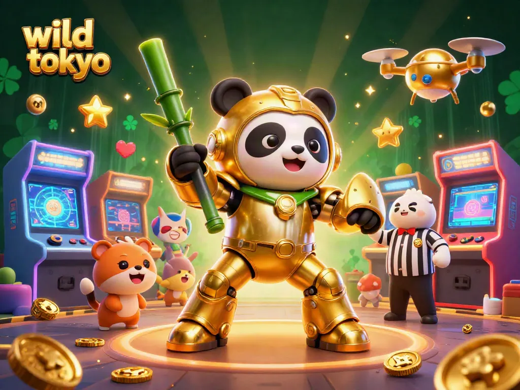 Engage in the vibrant wild tokyo gaming scene with a panda robot battling amidst colorful casino elements.