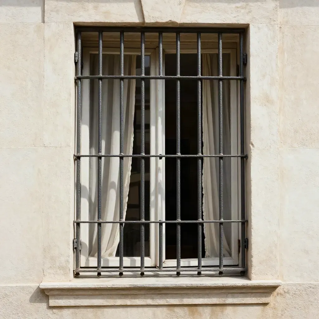 Grata di sicurezza apribile su finestra in muratura chiara, con ombre regolari e luce aperta.