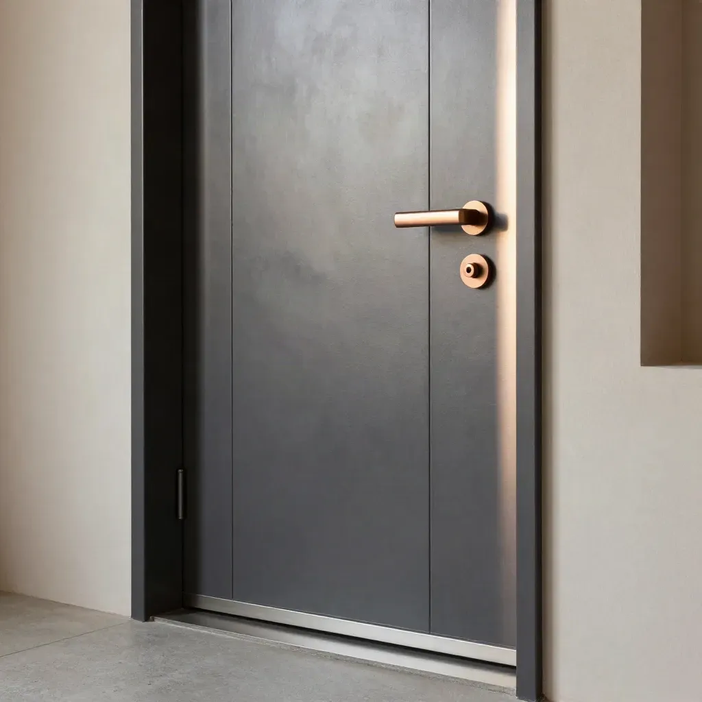 Porta metallica su misura con telaio a filo muro in un passaggio tecnico minimal.