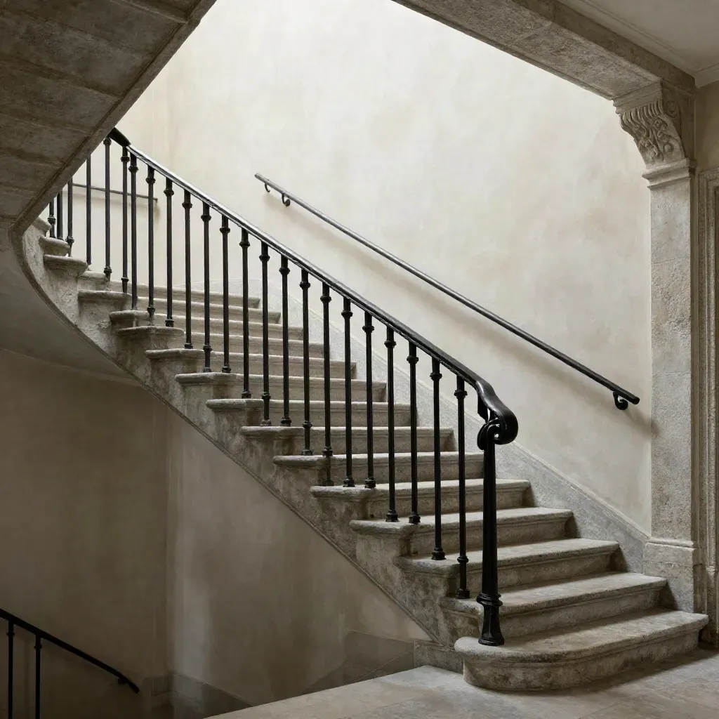 Ringhiere nere su scala in pietra di un palazzo d'epoca, luce morbida sulle pareti.