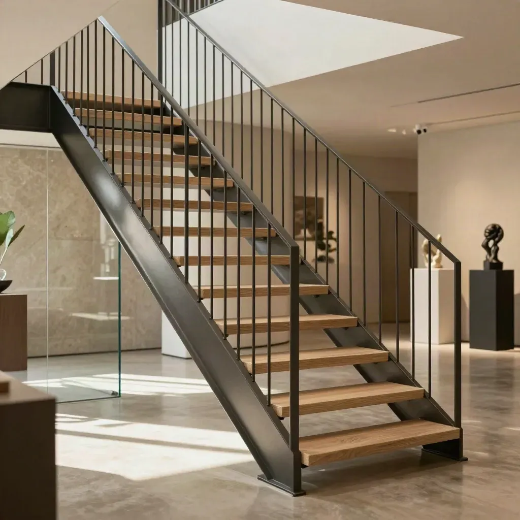 Scala metallica leggera in uno showroom luminoso con pedate chiare e parapetto lineare.
