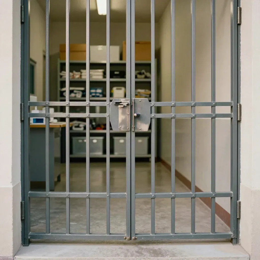 Grata metallica su misura semiaperta all’ingresso di un laboratorio, con scaffali sfocati oltre.