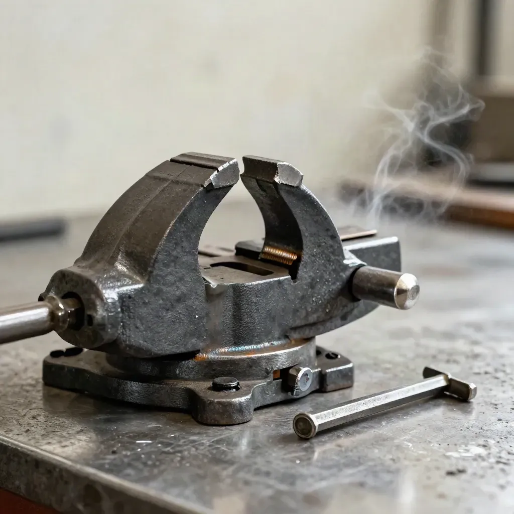 Morsa in ghisa, chiave esagonale consumata e calamita da officina su banco metallico.