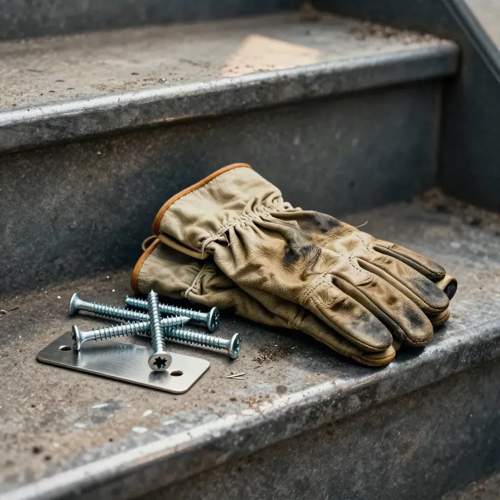 Guanti di cuoio, tasselli e piastra in acciaio su gradino metallico.