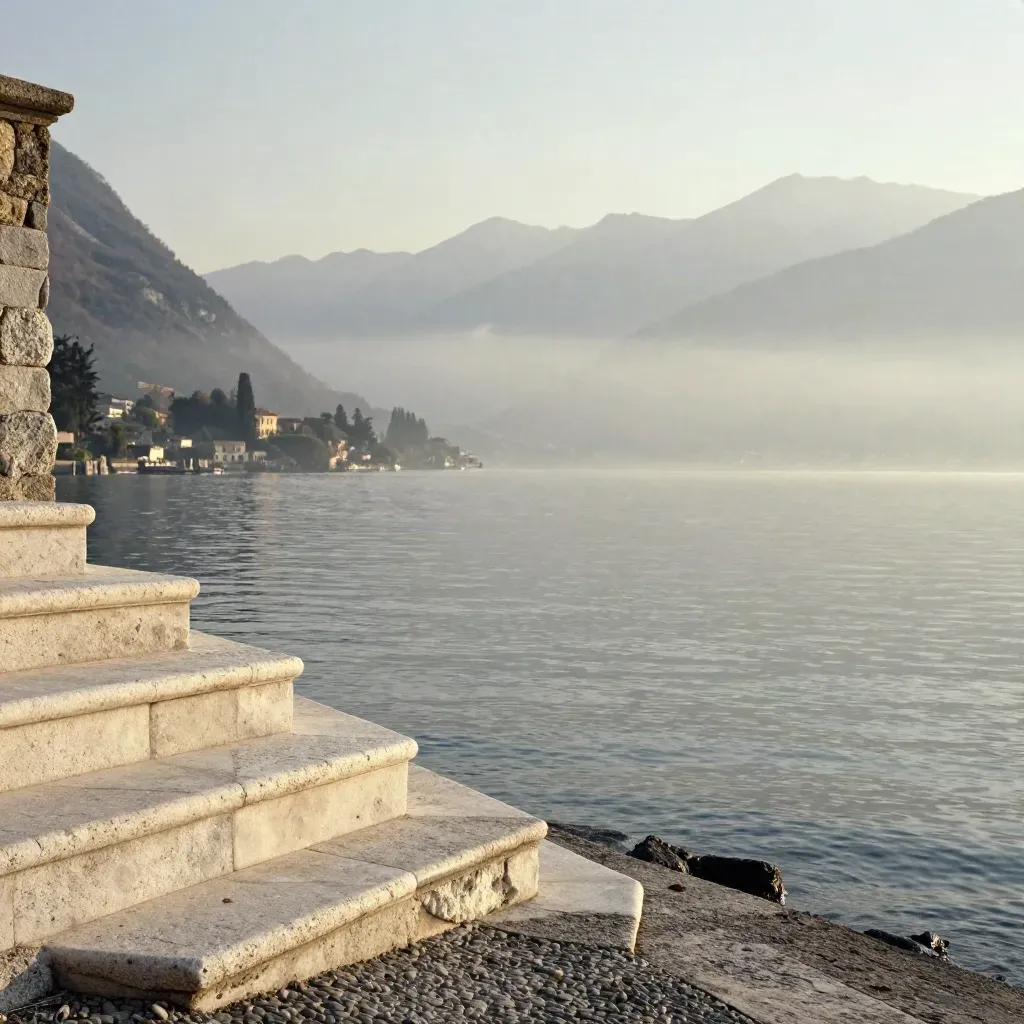 Lago di Como all’alba con riva di pietra, montagne velate e villa lontana nella foschia.