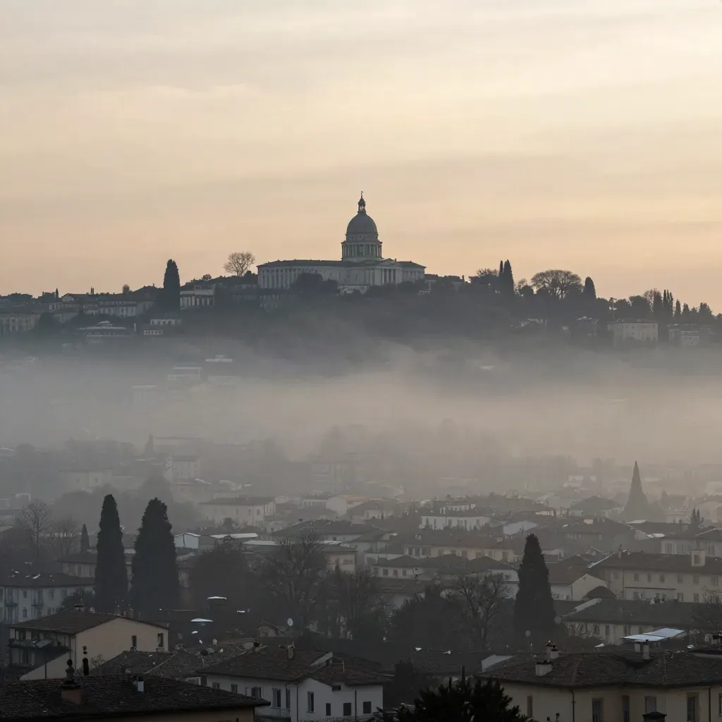 Basilica di Superga sopra la nebbia di Torino al tramonto