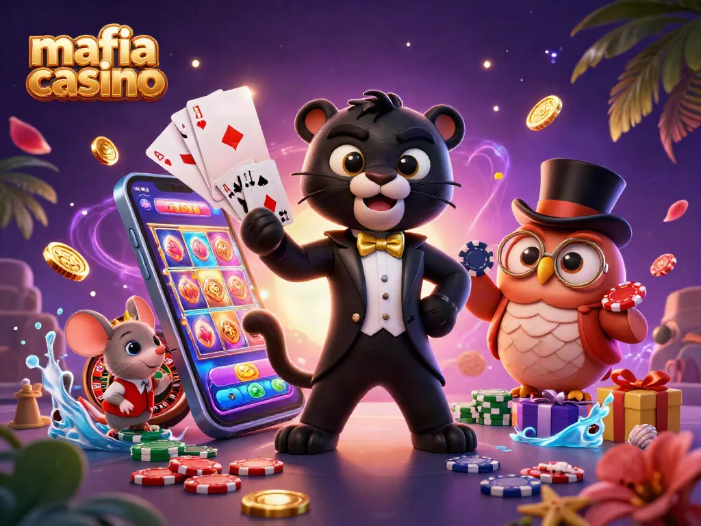 Engage with mafia casino scenes featuring a stylish panther, owl, and lucky mouse in a vibrant card game.