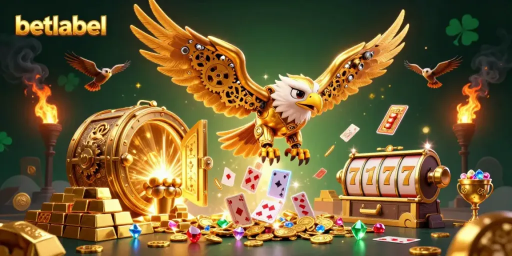 Betlabel unleashes an energetic 3D scene featuring a golden eagle and vivid gambling elements.
